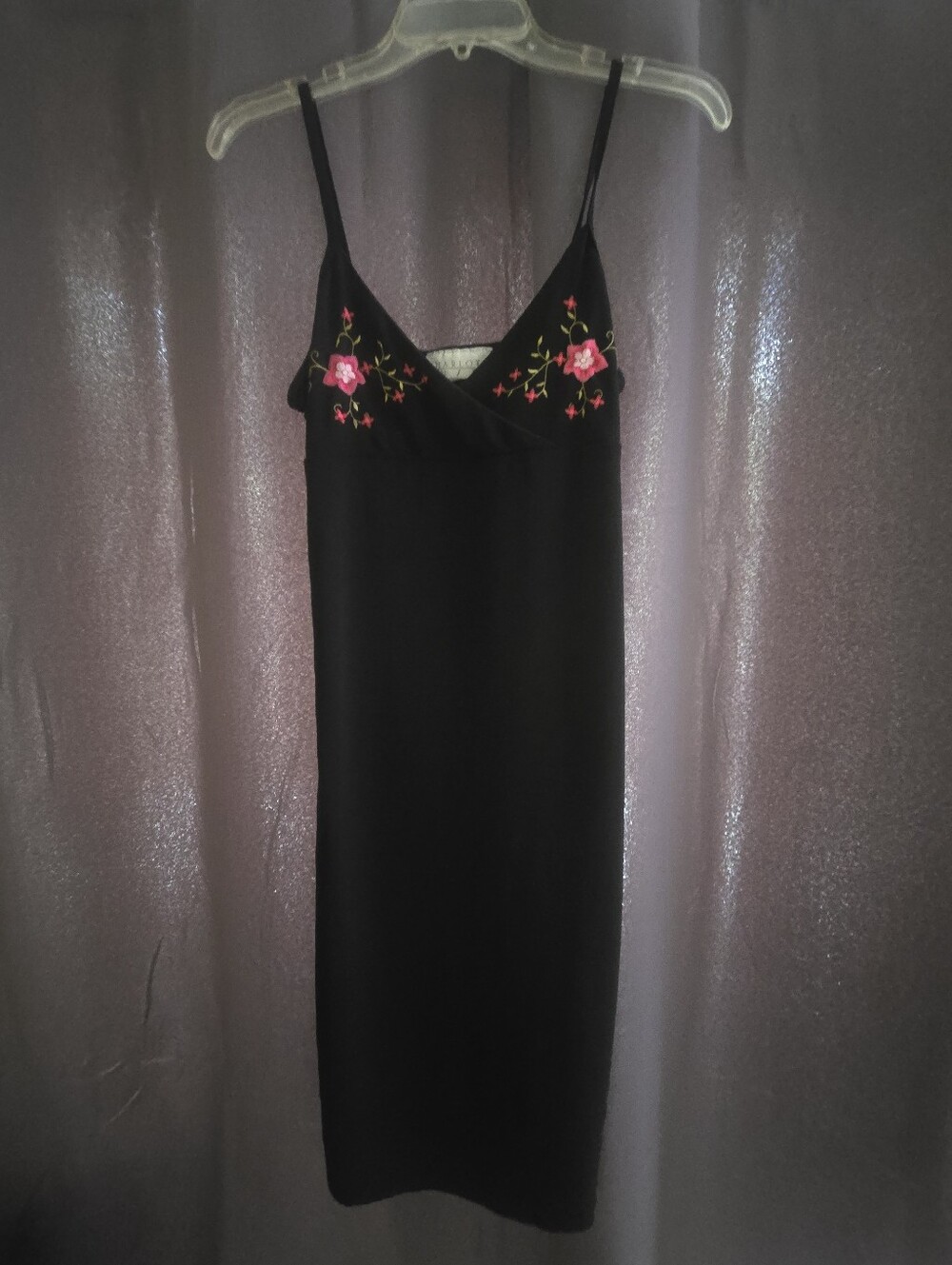 Charlotte Russe Black Slip Dress with Pink Floral Embroidery